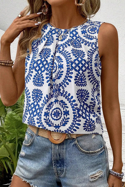 Printed Crew Neck Sleeveless Top - -