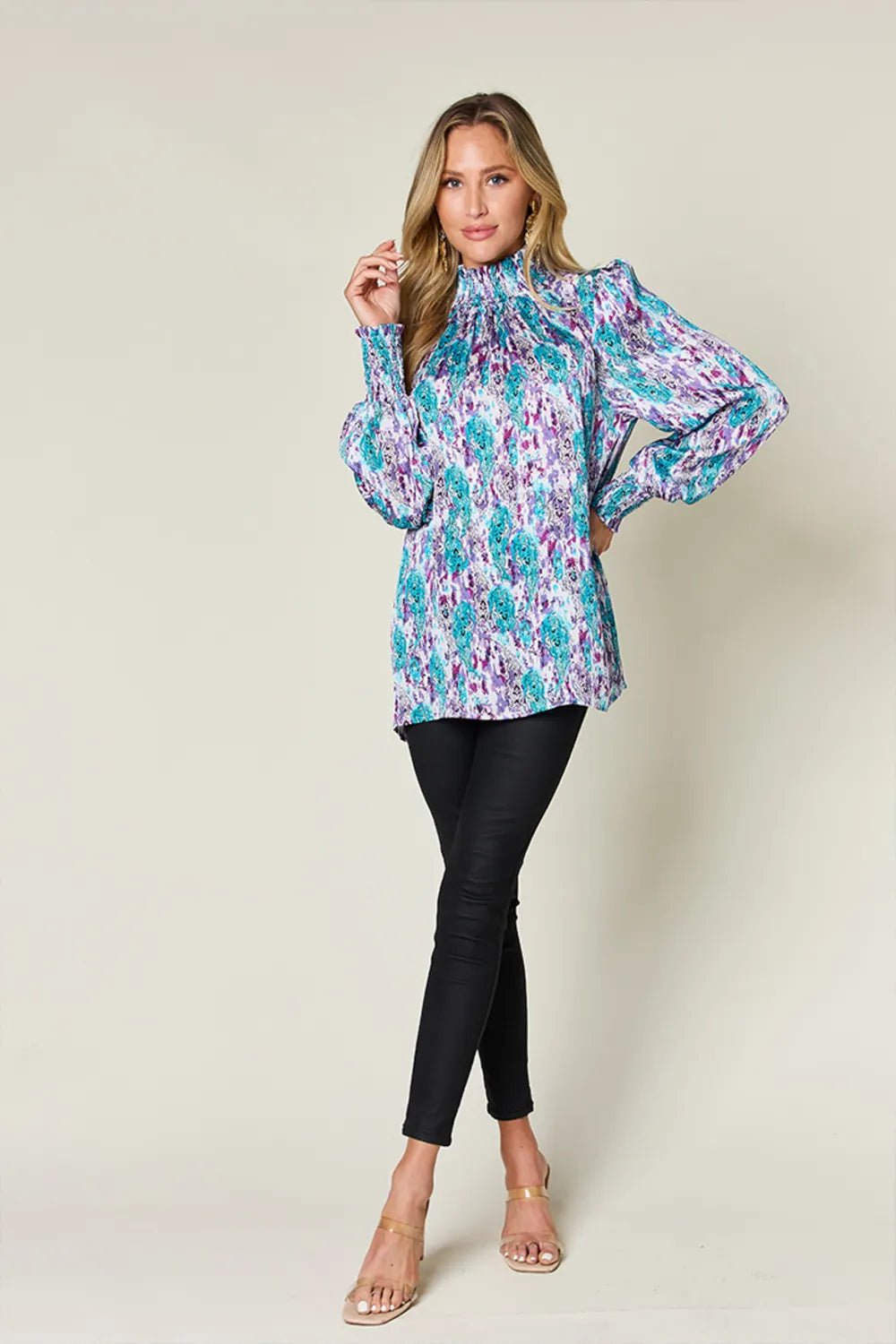 Double Take Full Size Printed Smocked Long Sleeve Blouse - -