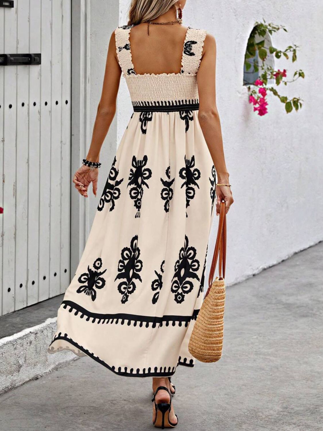 Smocked Printed Wide Strap Maxi Dress - -
