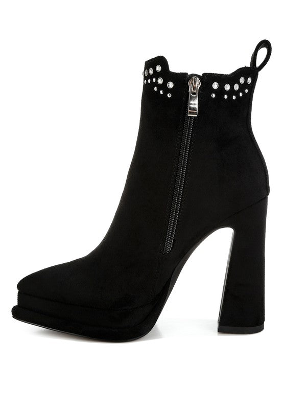 Black suede ankle boot with block heel and silver stud detailing around the collar