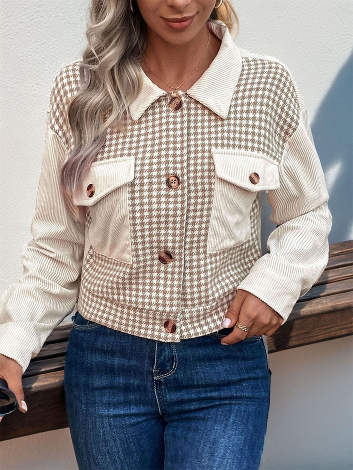 Pocketed Houndstooth Long Sleeve Jacket - -