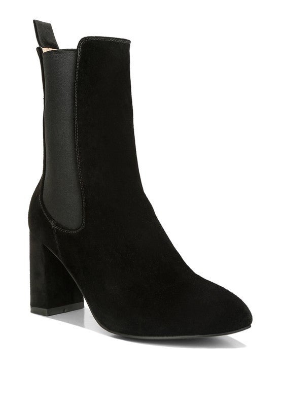 Marc Fisher black suede ankle boot with block heel and elastic side panels