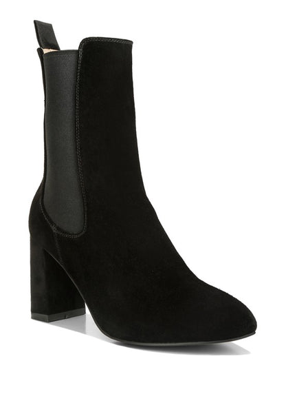 Marc Fisher black suede ankle boot with block heel and elastic side panels