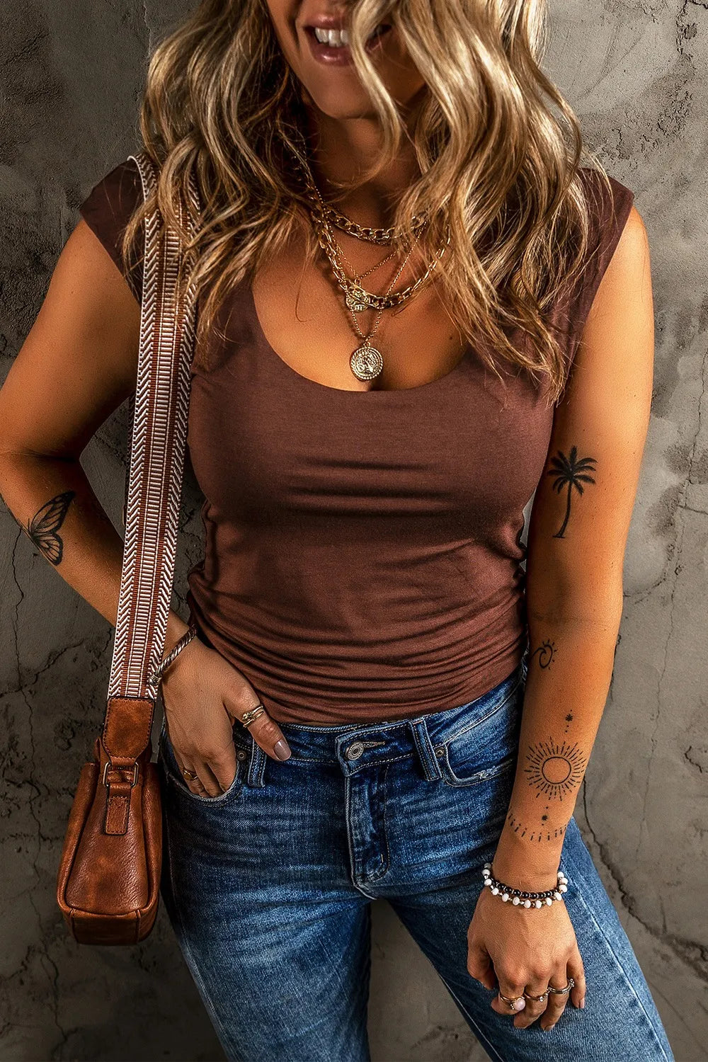 Round Neck Slim Cap Sleeve Top - -