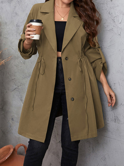 Honey Plus Size Lapel Collar Drawstring Roll-Tab Sleeve Trench Coat - -
