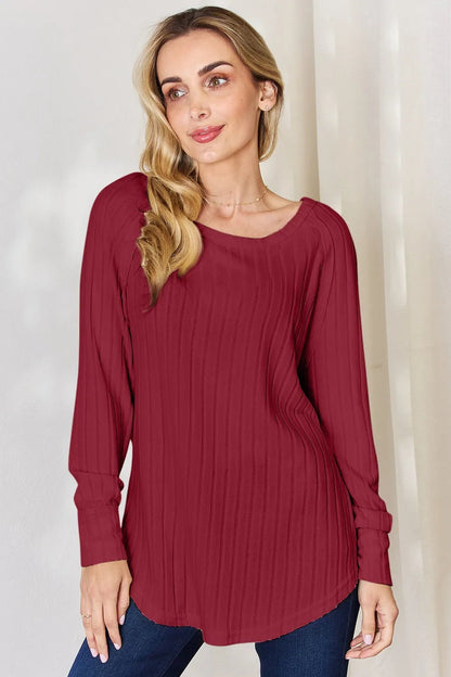 Basic Bae Full Size Ribbed Round Neck Slit T-Shirt - Deep Red -