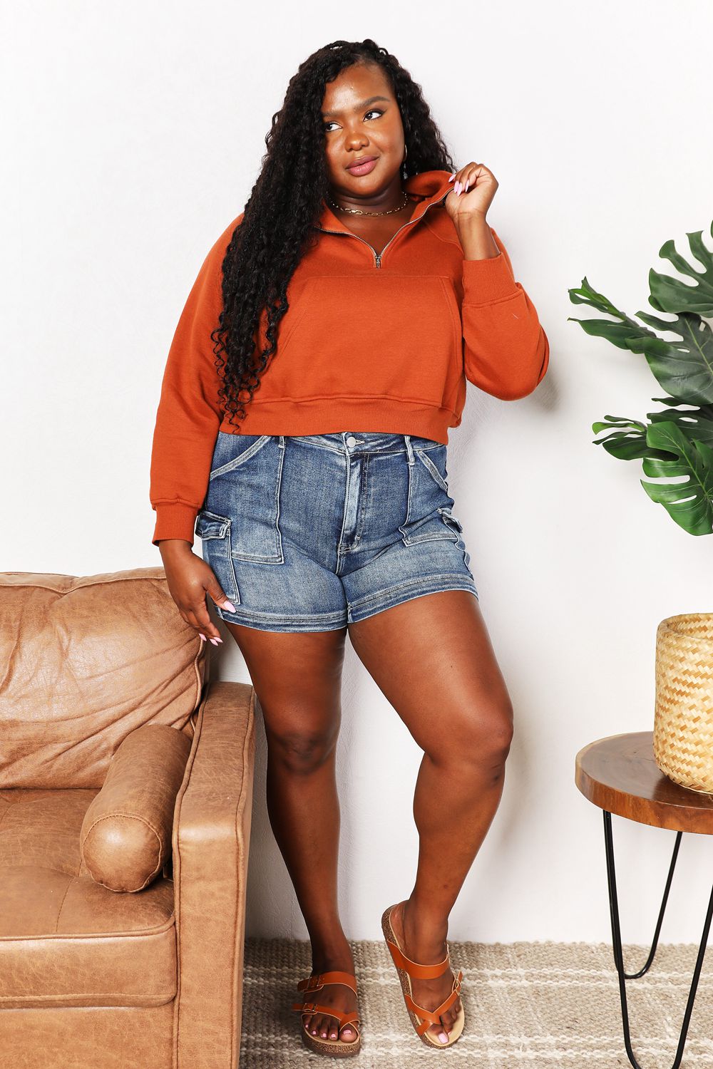 Double Take Half-Zip Long Sleeve Hoodie - -