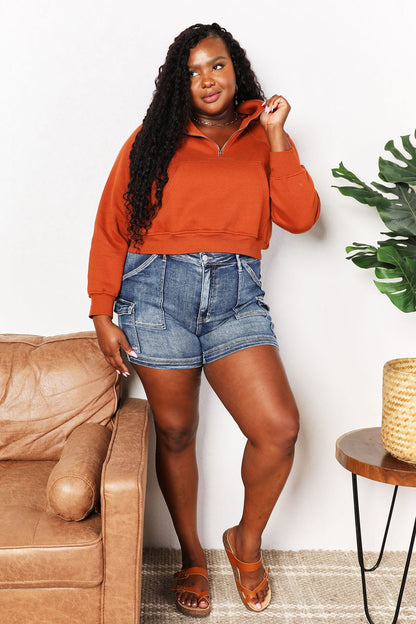 Double Take Half-Zip Long Sleeve Hoodie - -