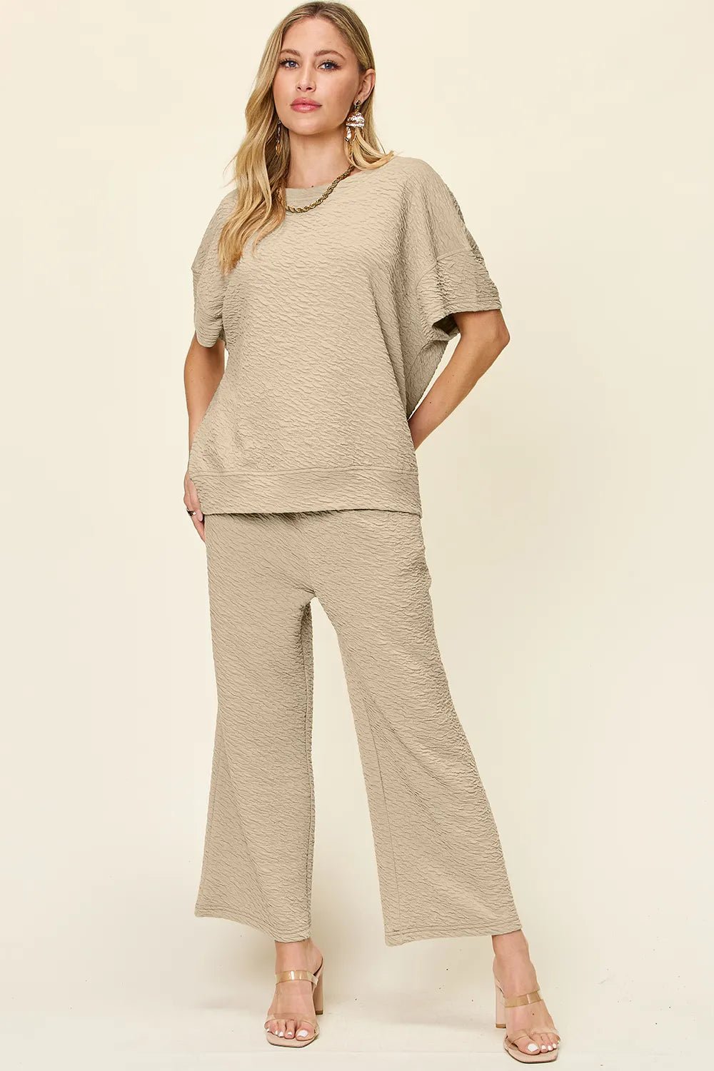 Double Take Full Size Texture Short Sleeve Top and Pants Set - Khaki -