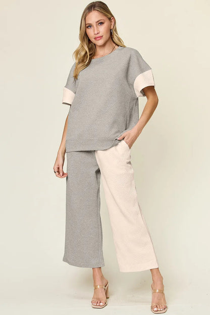 Double Take Full Size Texture Contrast T-Shirt and Wide Leg Pants Set - Light Gray -