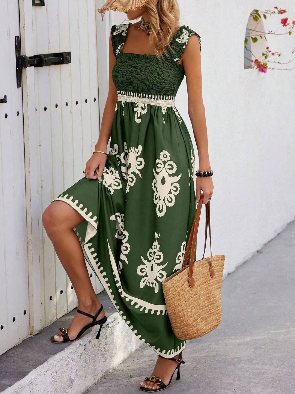 Smocked Printed Wide Strap Maxi Dress - -