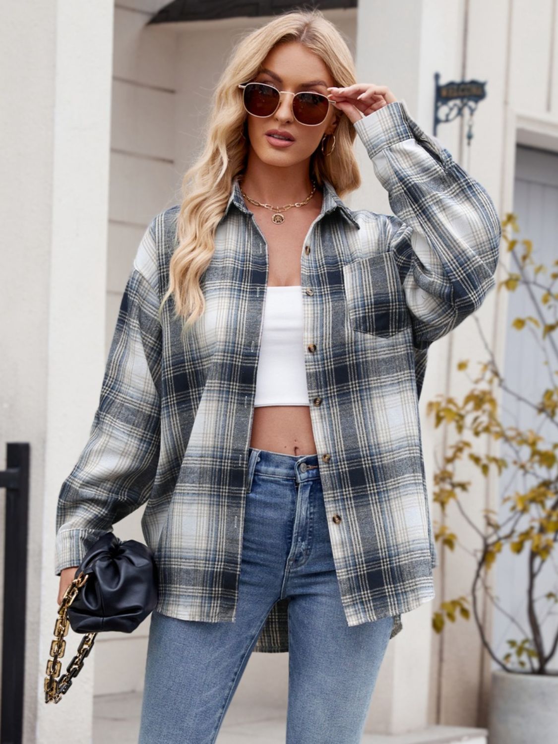 Mandy Plaid Collared Neck Long Sleeve Shirt - -