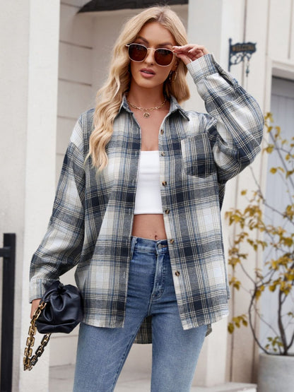 Mandy Plaid Collared Neck Long Sleeve Shirt - -