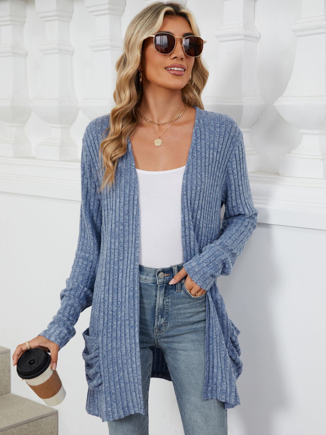 Pocketed Open Front Long Sleeve Cardigan - -