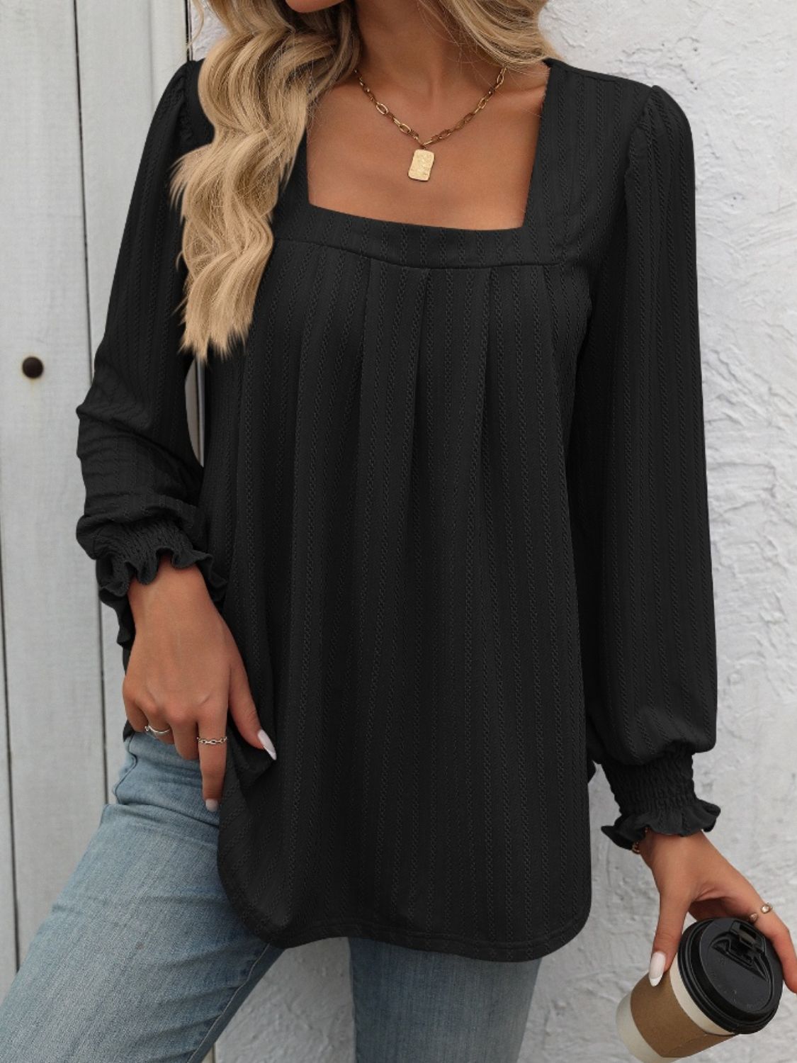 Mandy Square Neck Long Sleeve Top - Black -