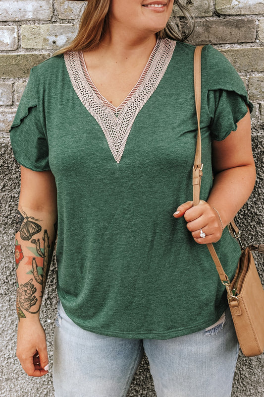 Plus Size Petal Sleeve V-Neck Blouse (Curve Romance) - Dark Green -
