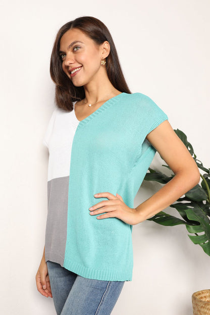 Color Block V-Neck Knit Top - -