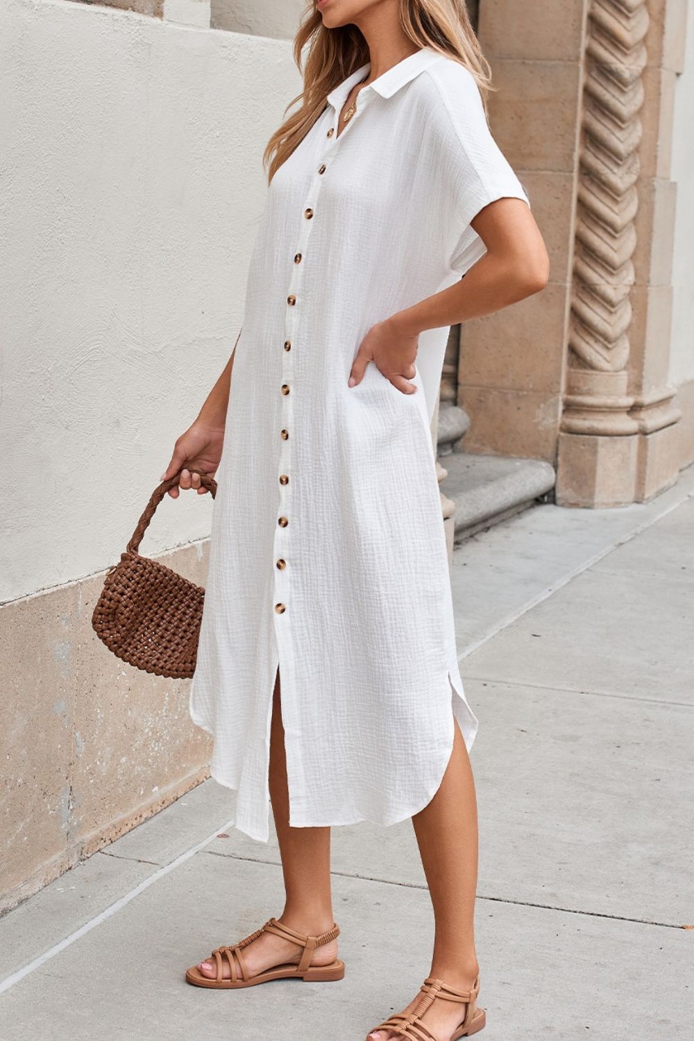 Button Down Short Sleeve Midi Shirt Dress - -