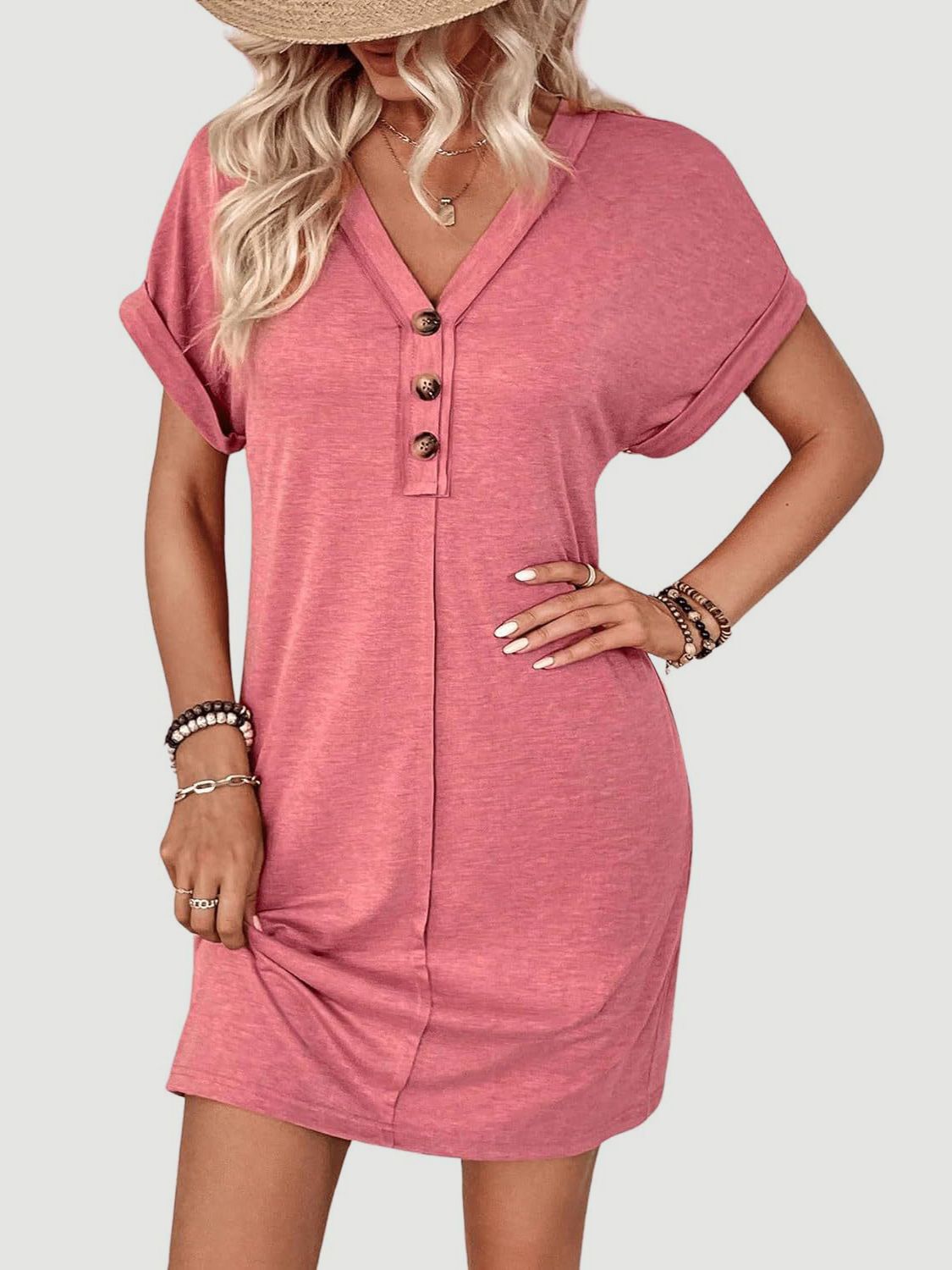 Quarter Button V-Neck Short Sleeve Dress - Burnt Coral -