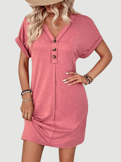 Quarter Button V-Neck Short Sleeve Dress - Burnt Coral -