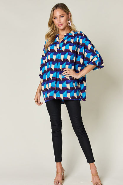 Double Take Full Size Geometric Notched Half Sleeve Blouse - -