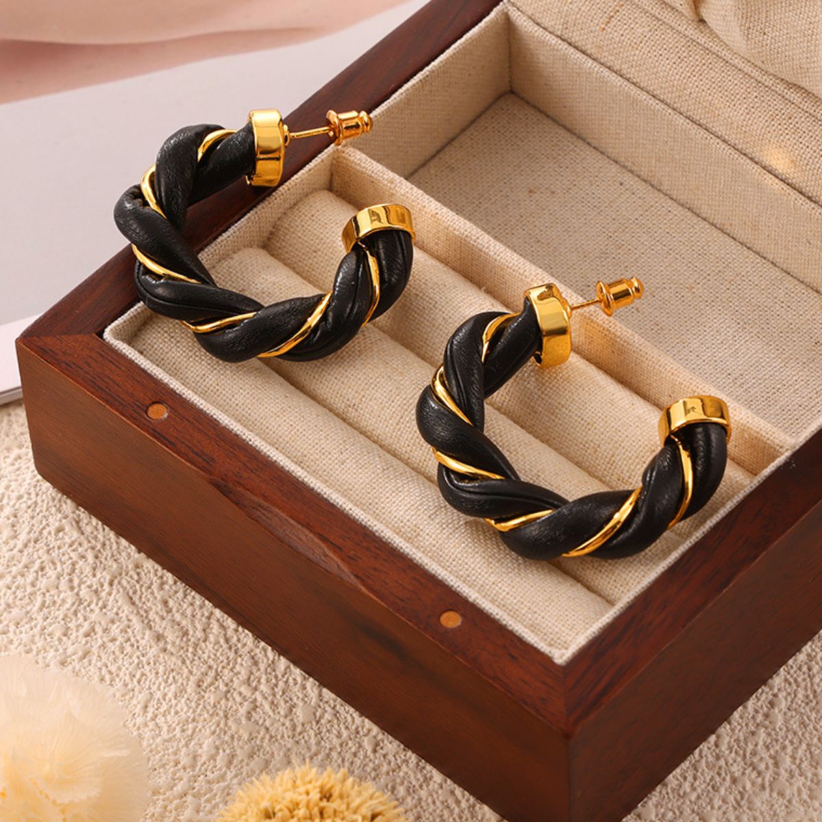 Twisted Leather Rope C-Hoop Earrings - -