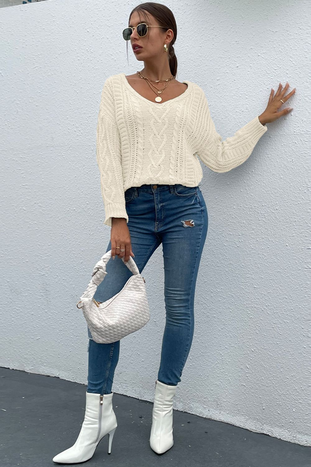 V-Neck Cable-Knit Long Sleeve Sweater