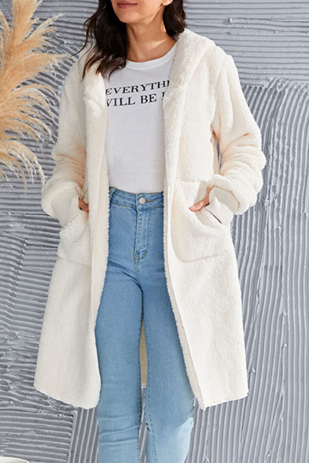 Double Take Full Size Hooded Teddy Bear Jacket with Thumbholes - -