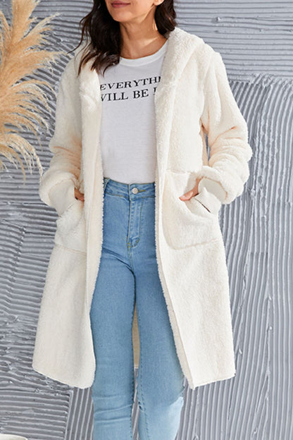 Double Take Full Size Hooded Teddy Bear Jacket with Thumbholes - -