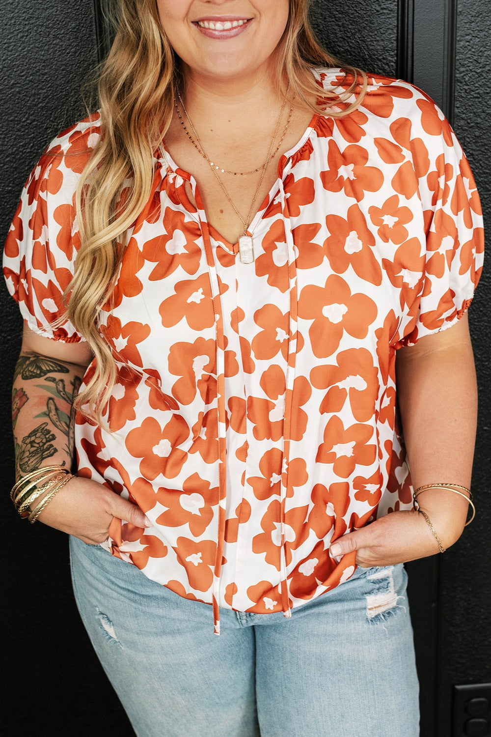 Plus Size Printed Tie Neck Short Sleeve Blouse - Caramel -