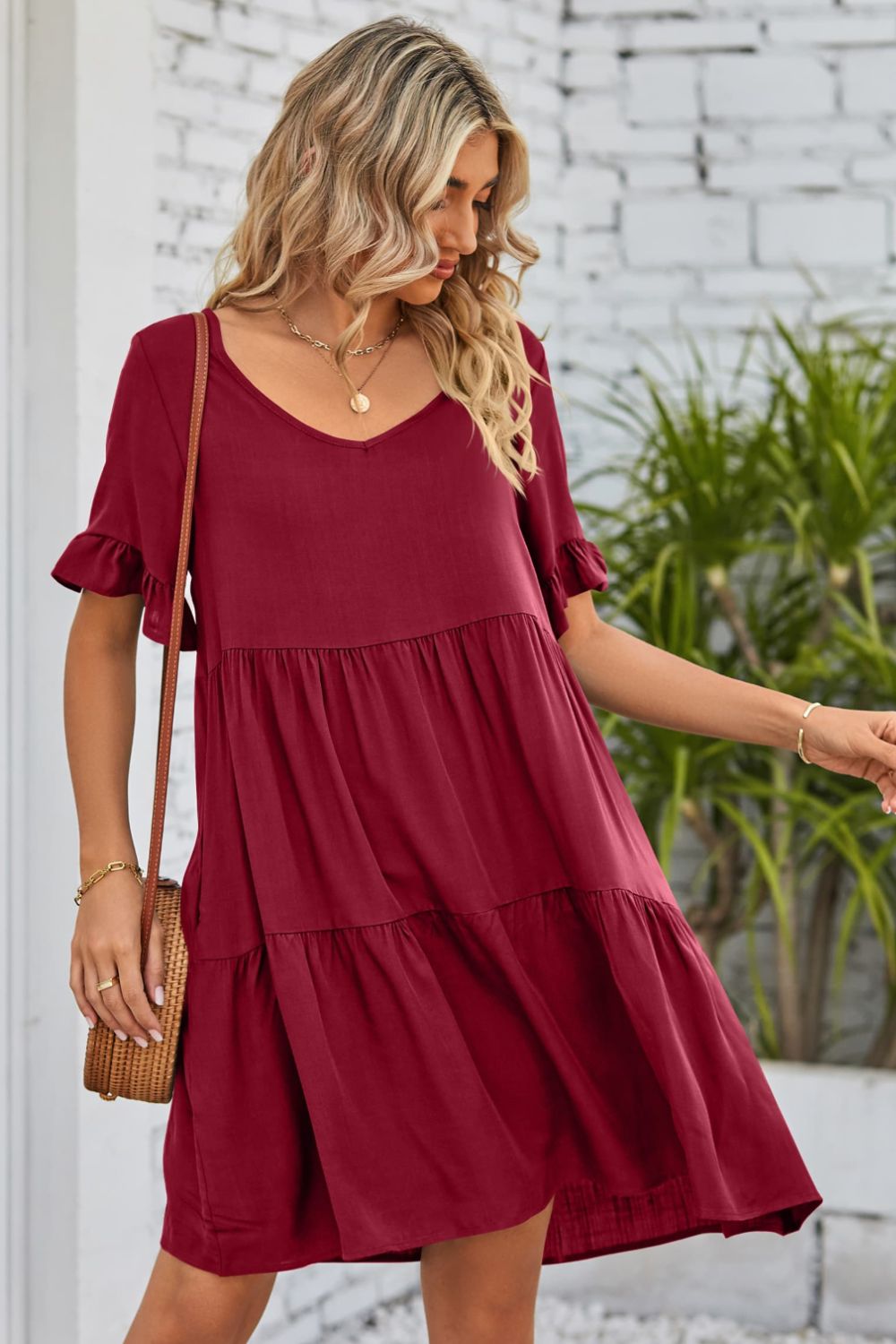 Mandy V-Neck Flounce Sleeve Tiered Dress - -