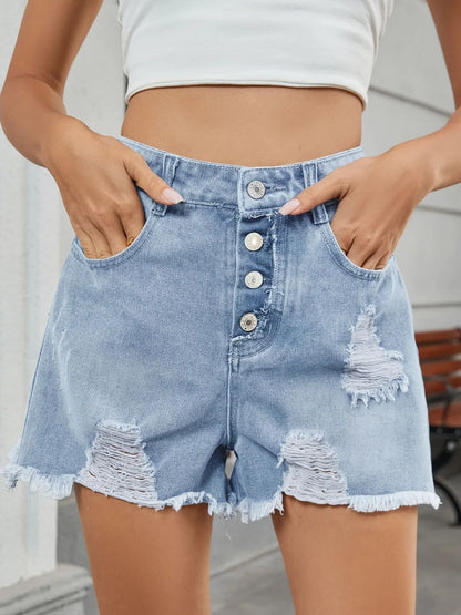 Distressed Raw Hem Denim Shorts - Light Blue -