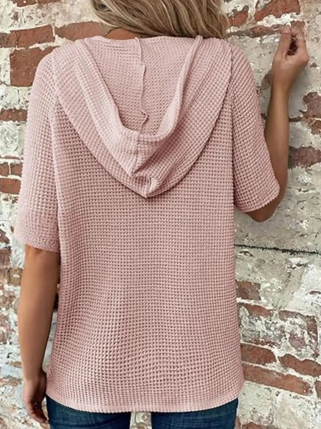 Drawstring Waffle-Knit Short Sleeve Hooded Top - -