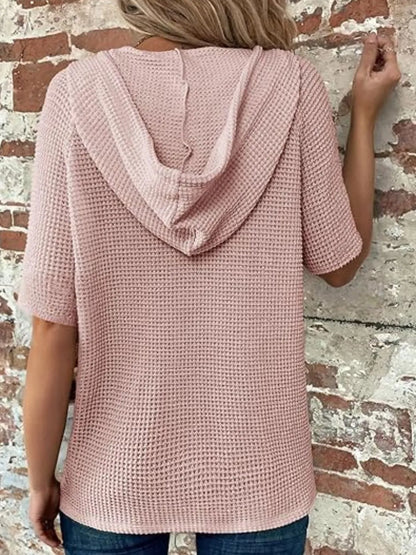 Drawstring Waffle-Knit Short Sleeve Hooded Top - -