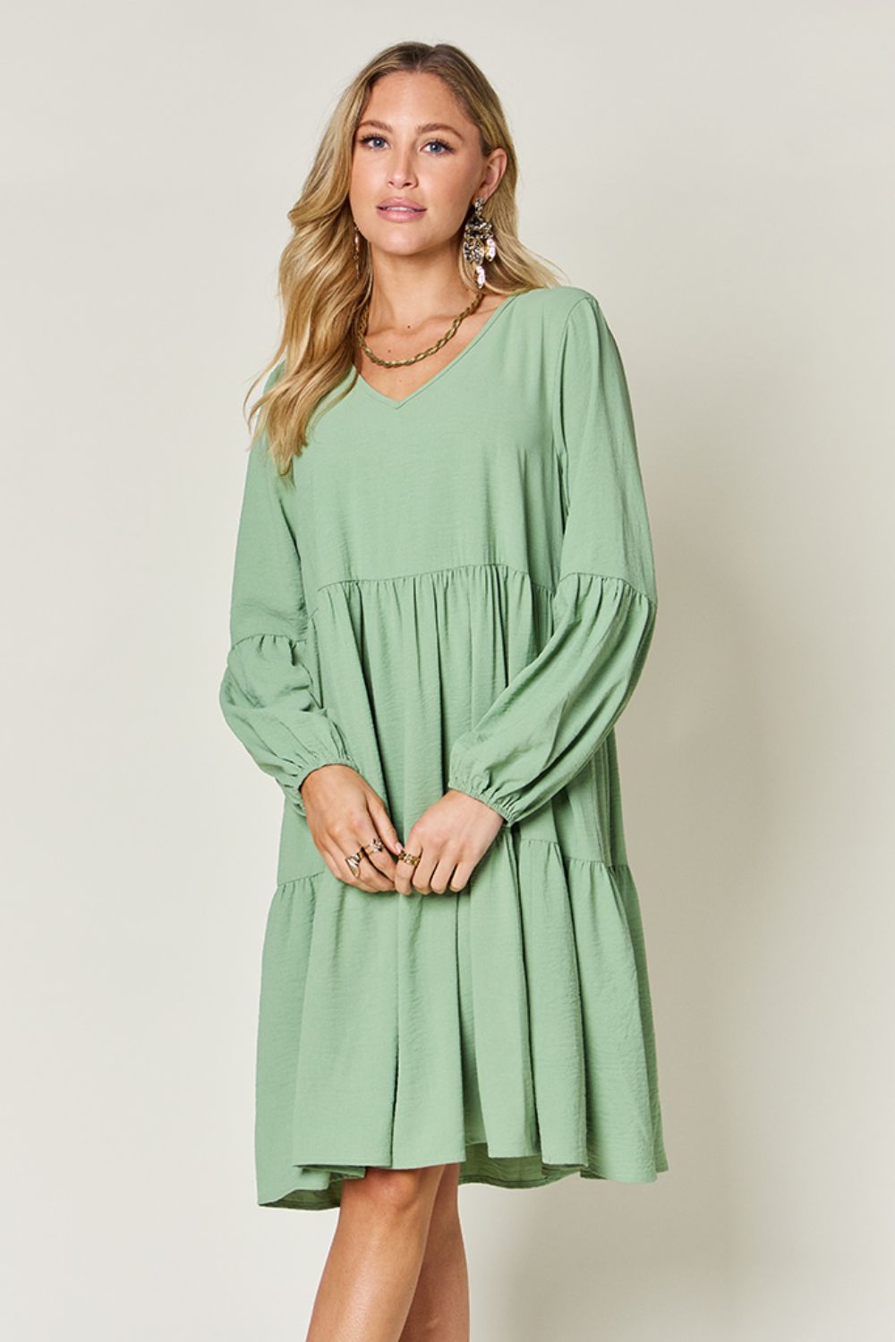 Double Take Full Size V-Neck Balloon Sleeve Tiered Dress with Pockets - -
