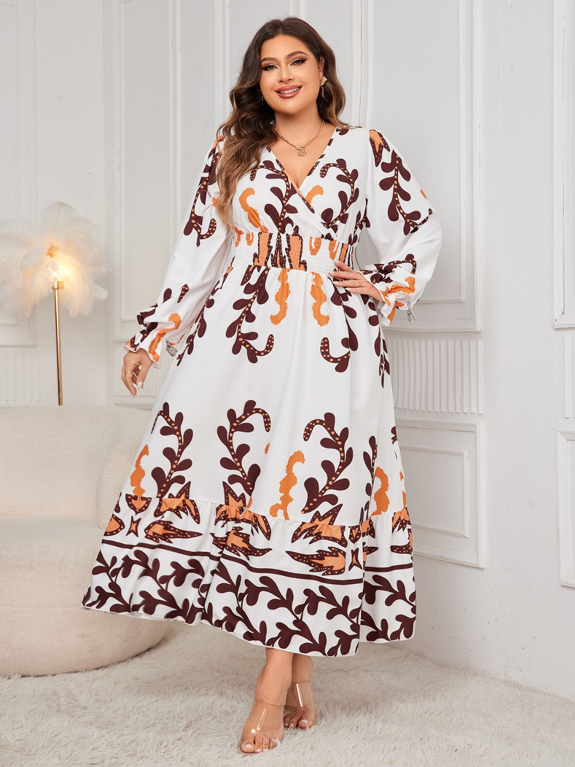 Honey Plus Size Printed Surplice Flounce Sleeve Dress - -