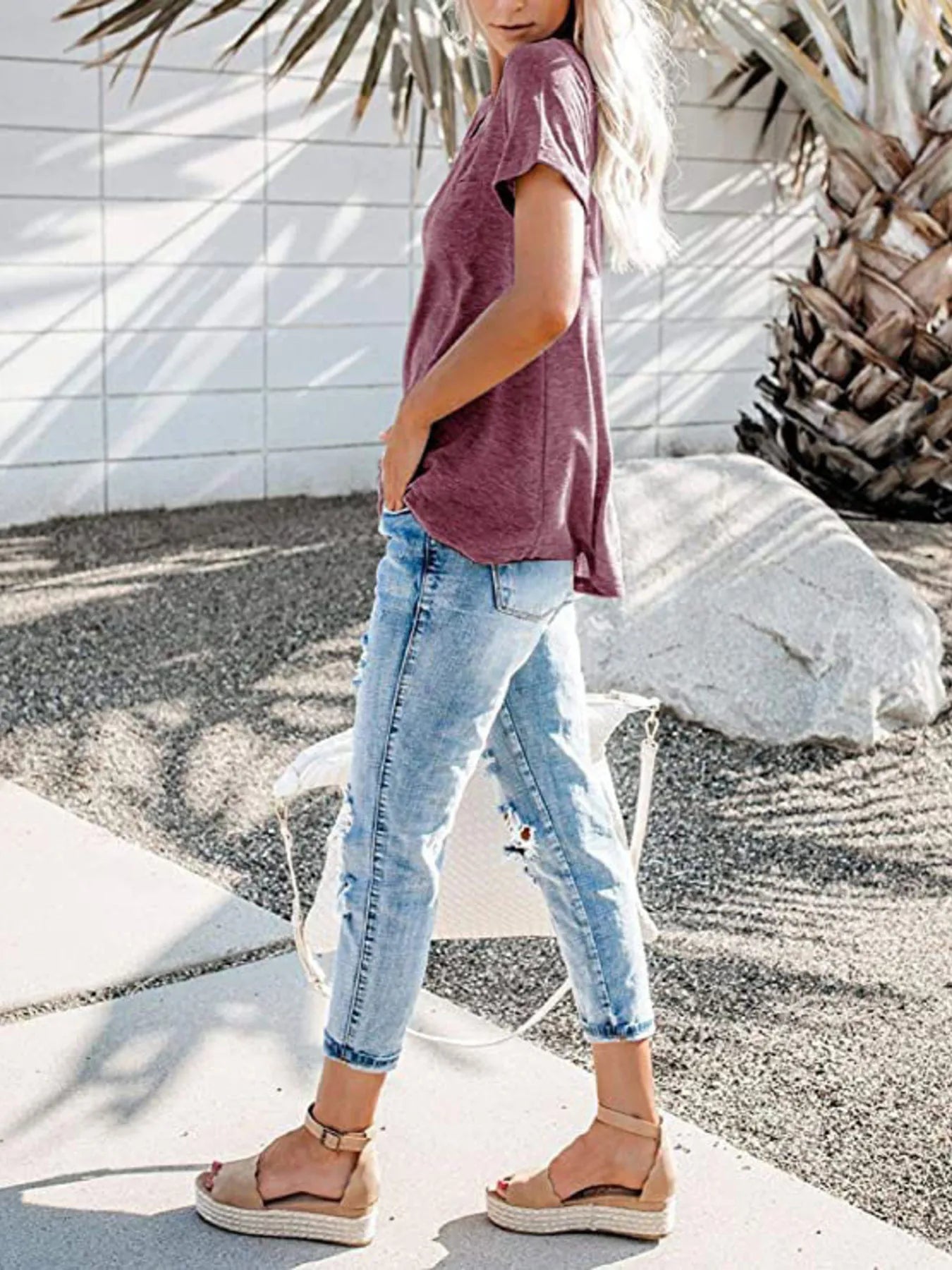 Full Size Notched Short Sleeve T-Shirt Plus Size - -