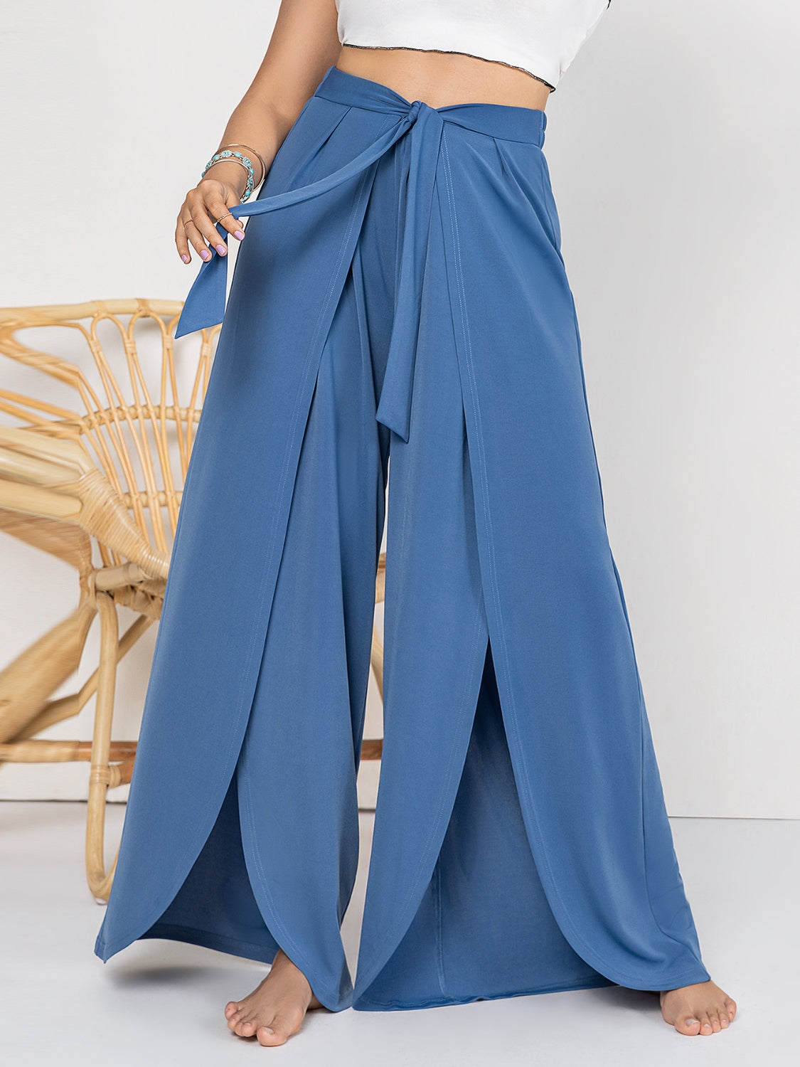 Plus Size Tied Slit Wide Leg Pants - -