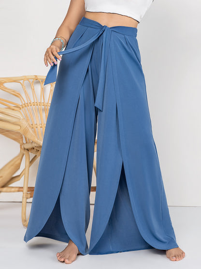 Plus Size Tied Slit Wide Leg Pants - -