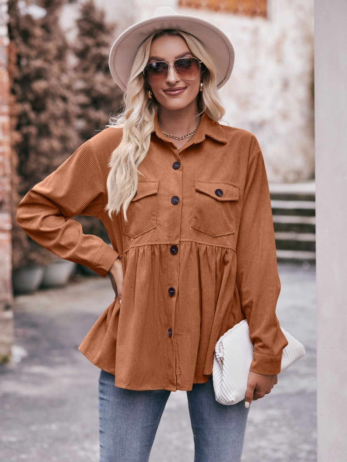 Mandy Collared Neck Long Sleeve Shirt - Ochre -