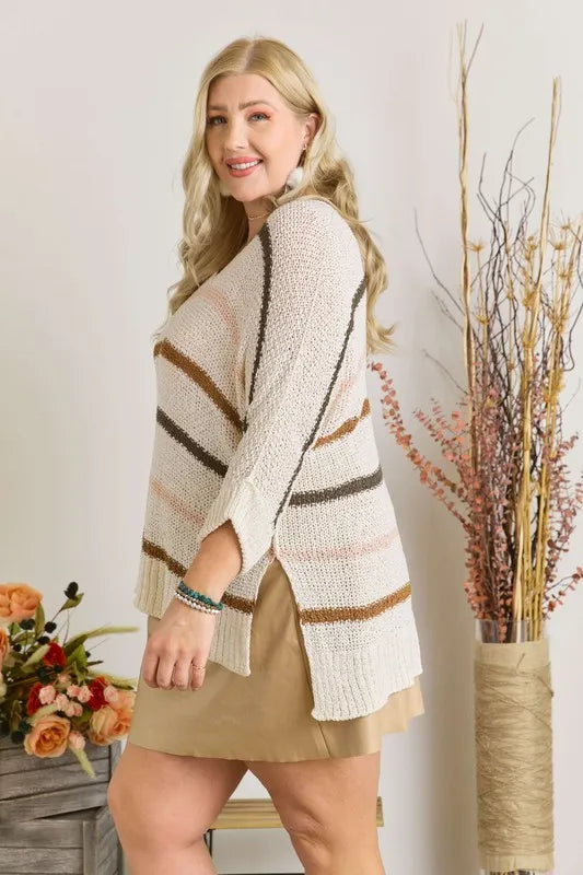 ADORA Full Size Multi Color Strip Sweater Plus Size - -