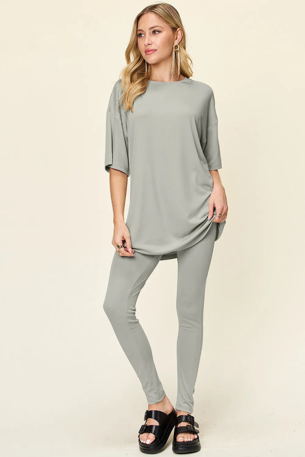 Double Take Full Size Round Neck Dropped Shoulder T-Shirt and Leggings Set - Light Gray -