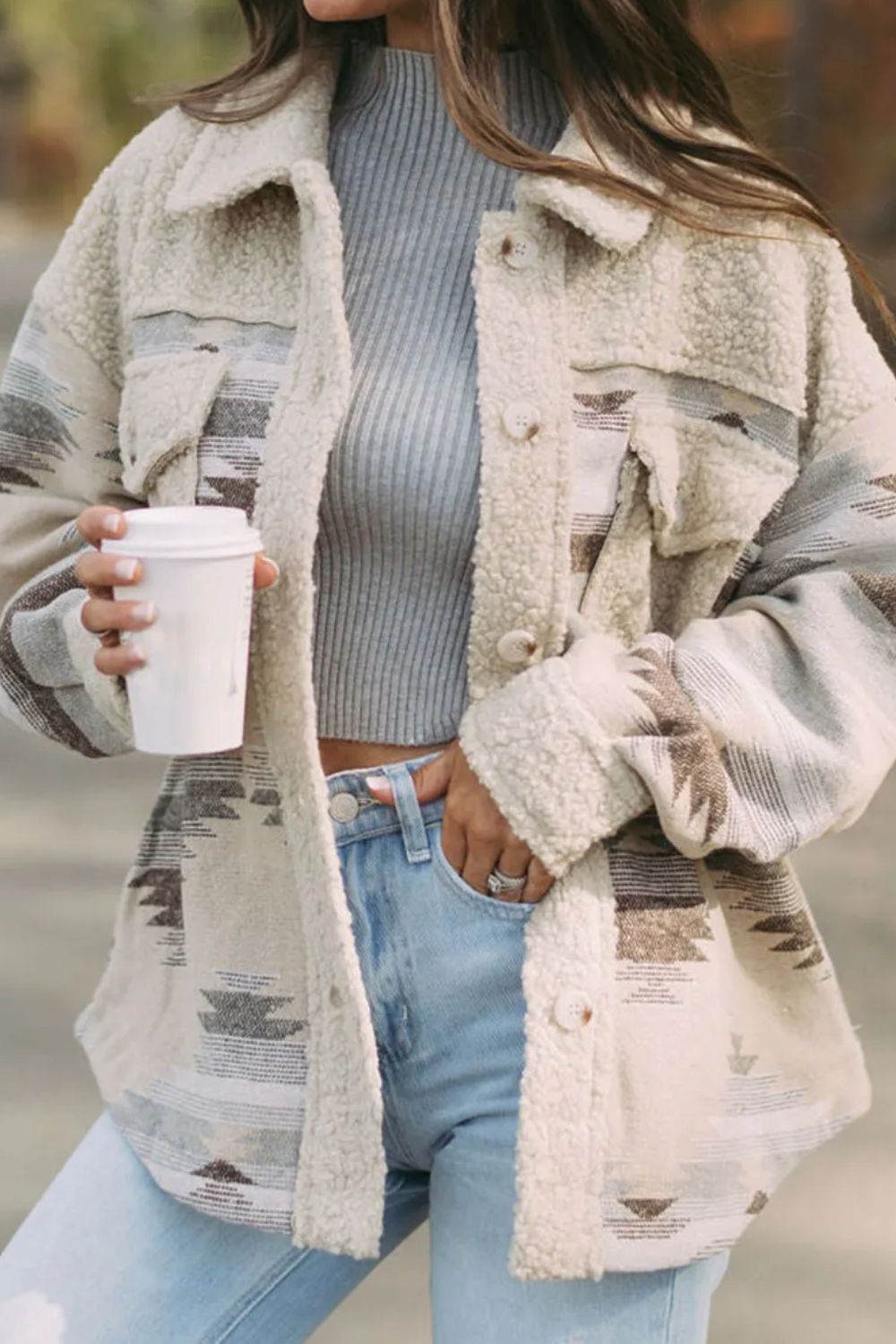 Button Up Long Sleeve Jacket - -