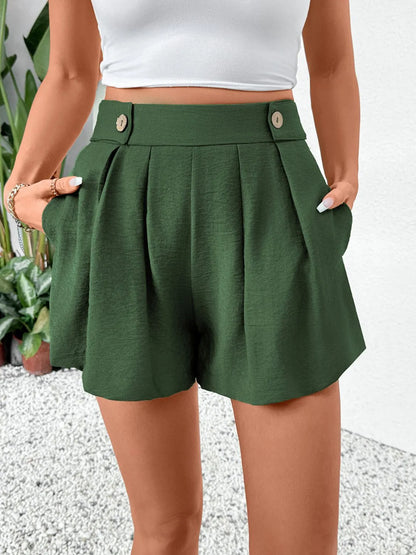 Pleated Detail Shorts with Pockets - Dark Green -
