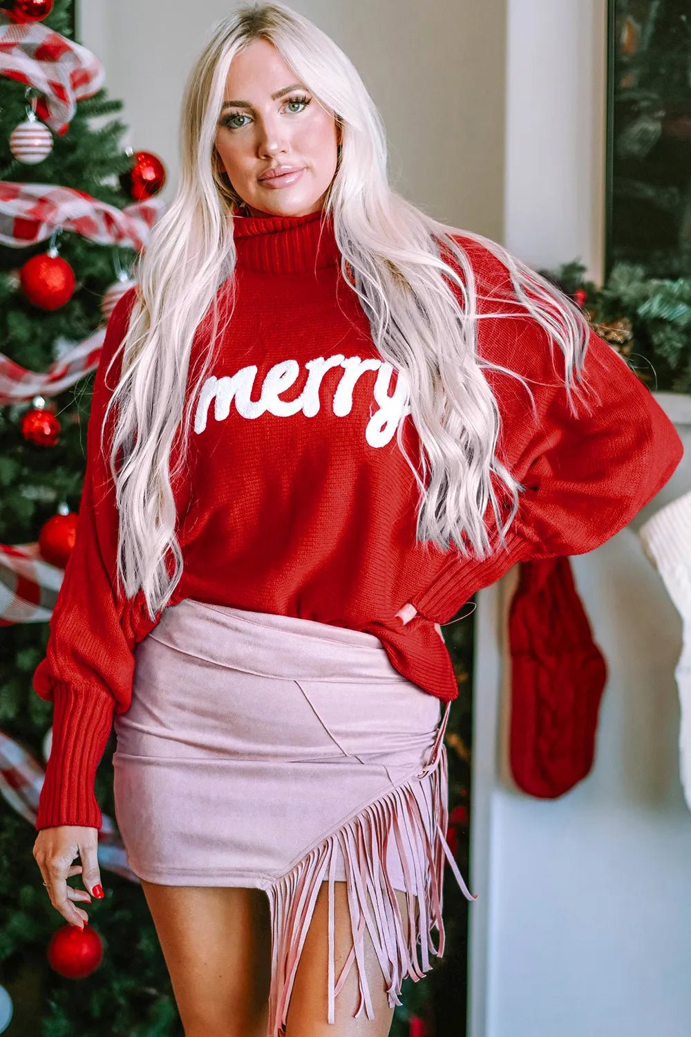 Double Take Full Size Merry Christmas Turtleneck Long Sleeve Sweater – | Shannon’s Chique Boutique