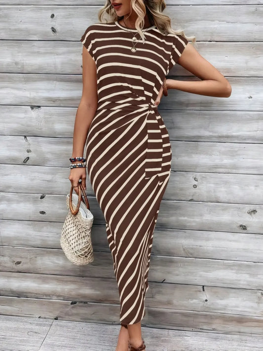 Pretty Chique Striped Midi Dress – Cap Sleeve Style - Brown -