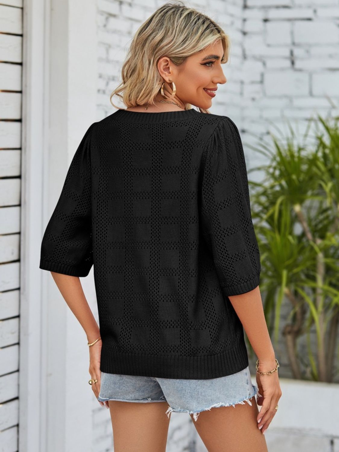 Mandy Openwork Round Neck Knit Top - -