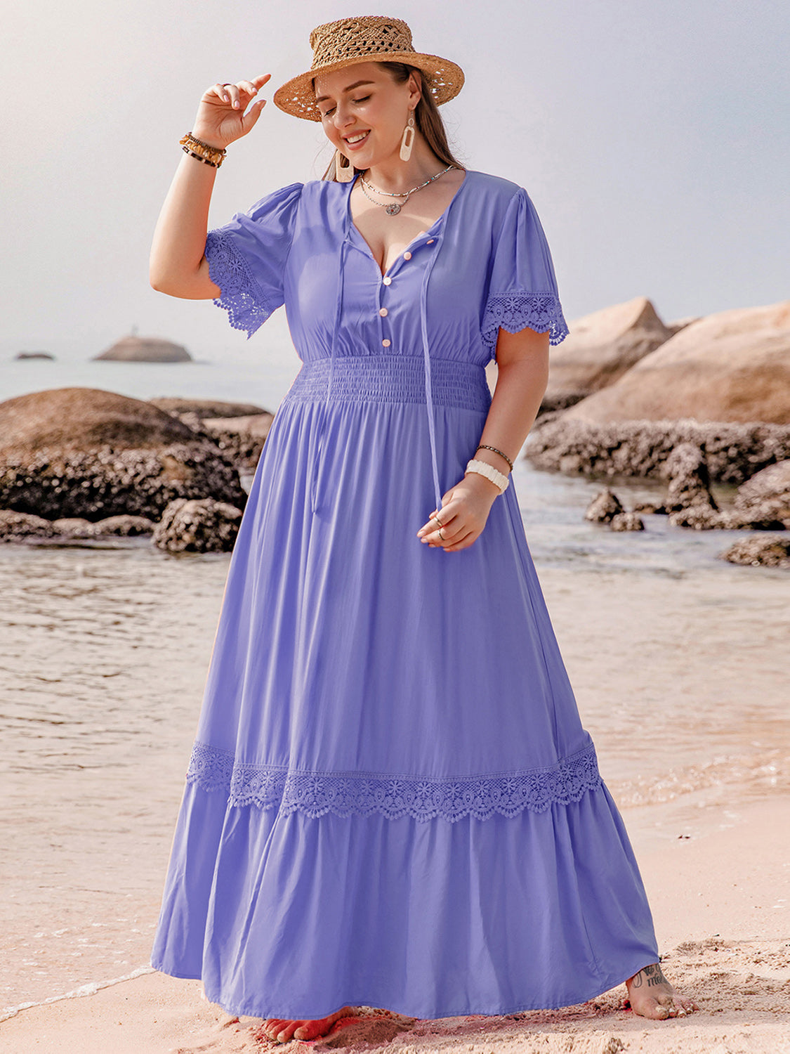 Plus Size Lace Detail Tie Neck Short Sleeve Maxi Dress - Lavender -