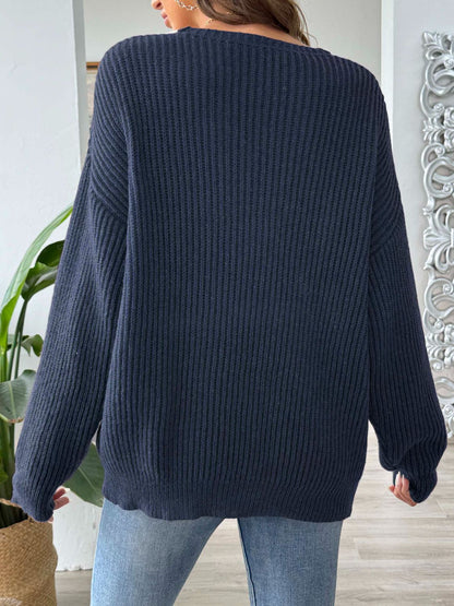 Contrast Dropped Shoulder Long Sleeve Sweater - -
