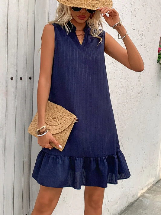 Ruffled Hem Notched Sleeveless Dress - Navy -